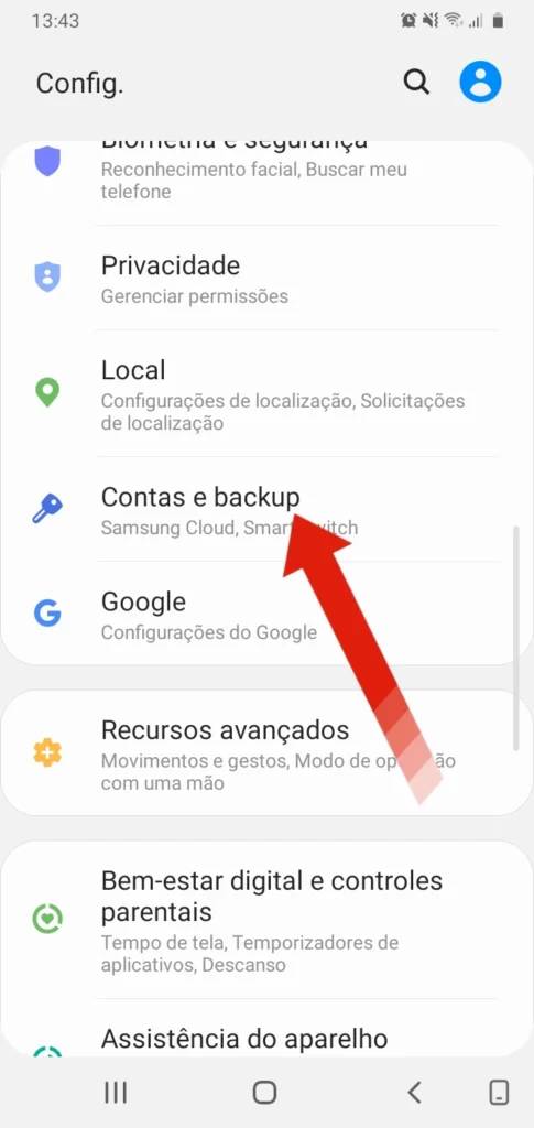 Opção Contas e backup do Galaxy S22