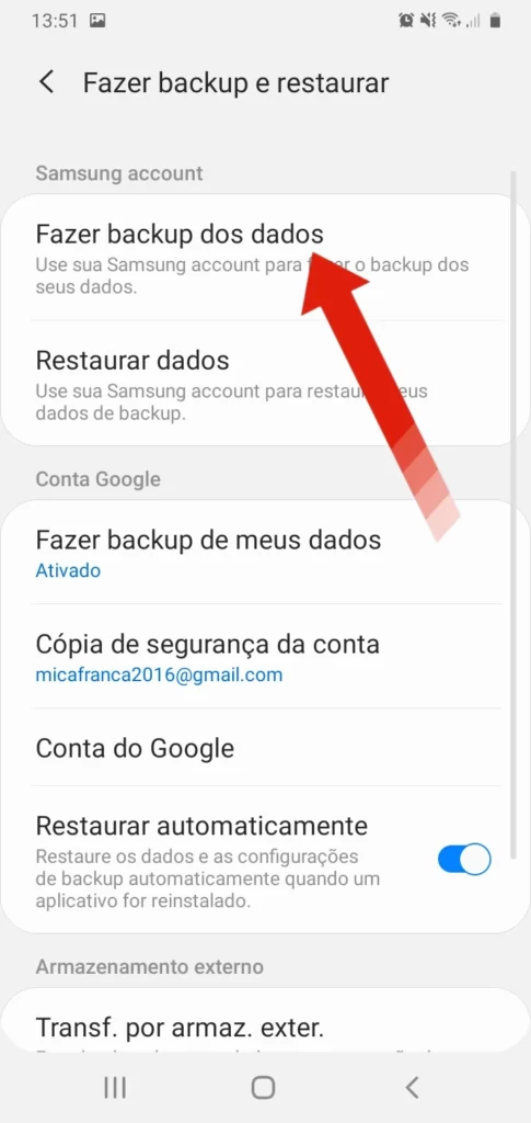 Fazendo backup dos dados do Samsung Galaxy S22.