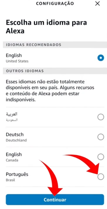 Selecionando e confirmando o idioma da Alexa.