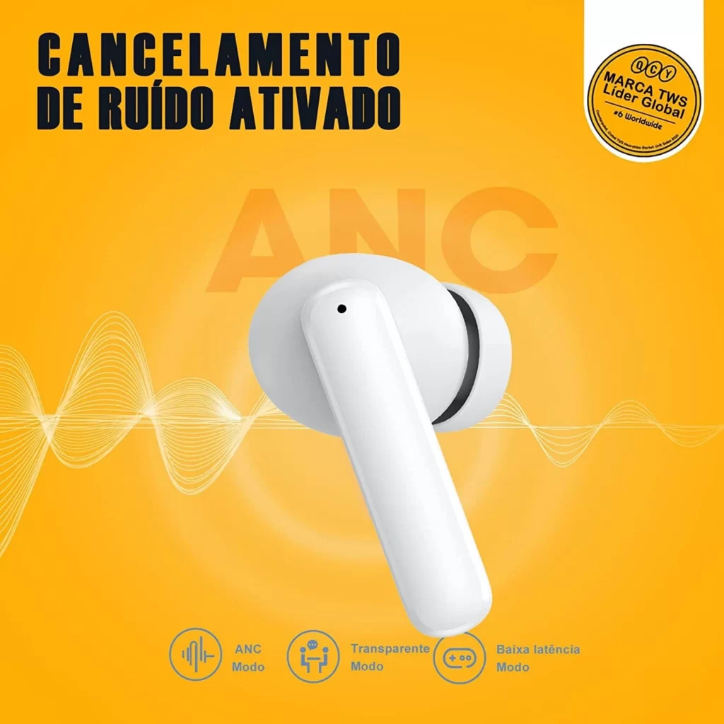 Fone Bluetooth QCY T13 com cancelamento ativo de ruído.