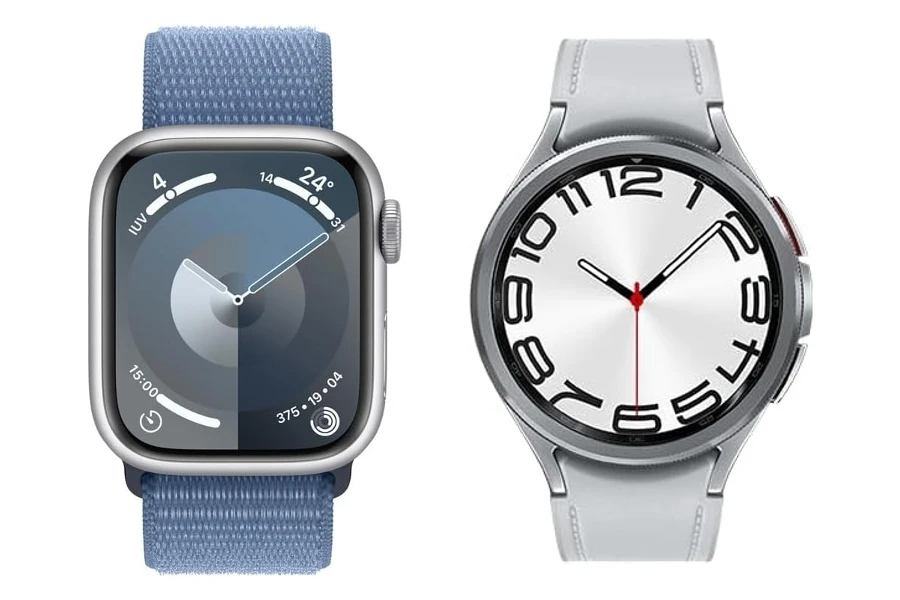 Apple Watch 9 azul e Galaxy Watch 6 Classic branco