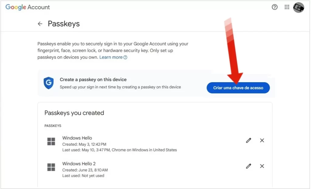 Como criar uma chave de acesso por meio do Windows Hello