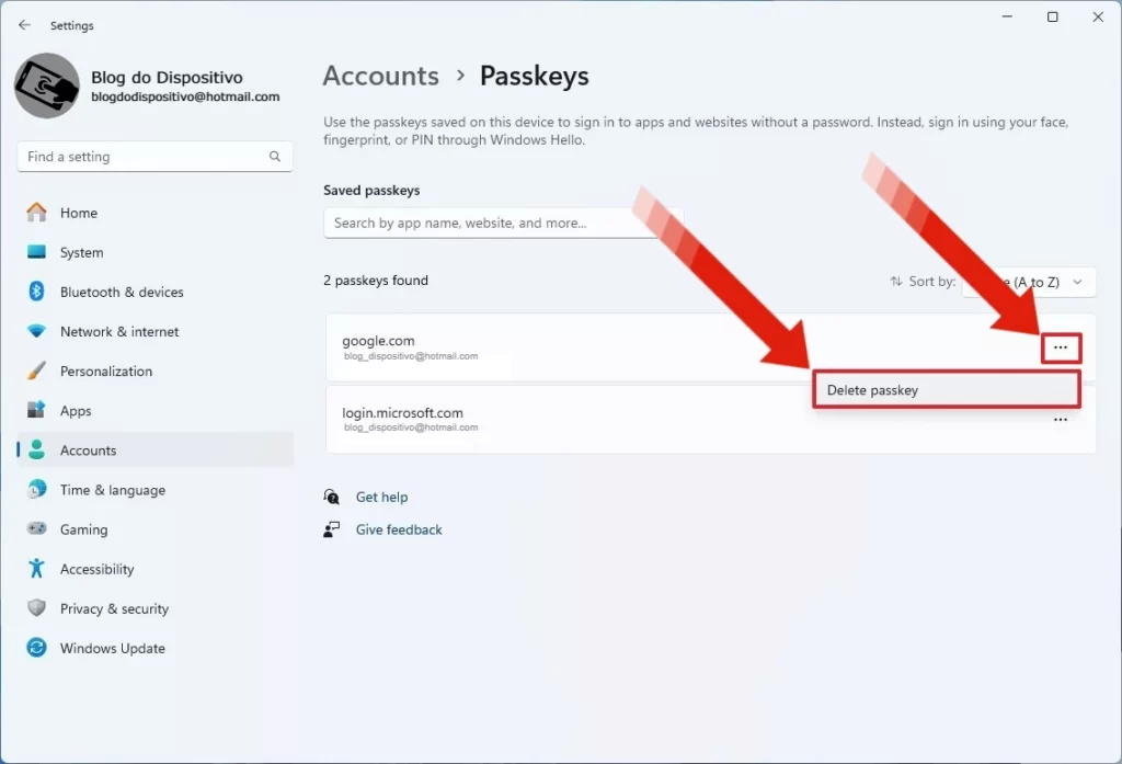Como excluir uma chave de acesso no Windows 11