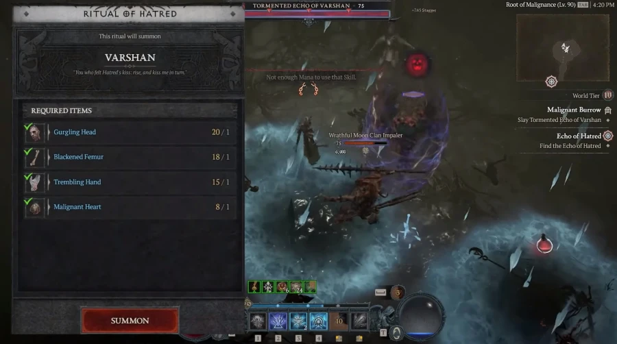 Diablo 4: Ritual do Ódio para invocar Varshan.