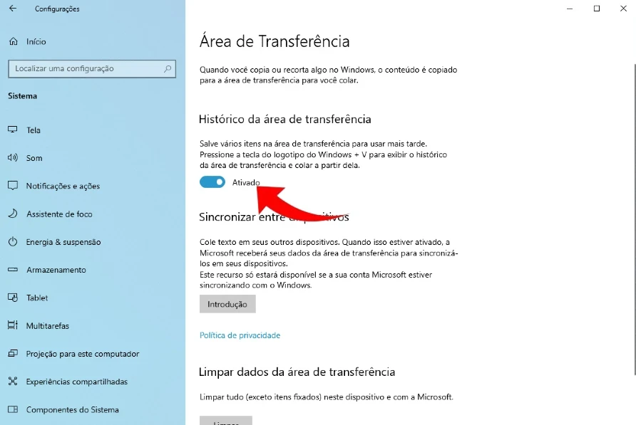 Habilitando histórico da área de transferência no Windows 11.